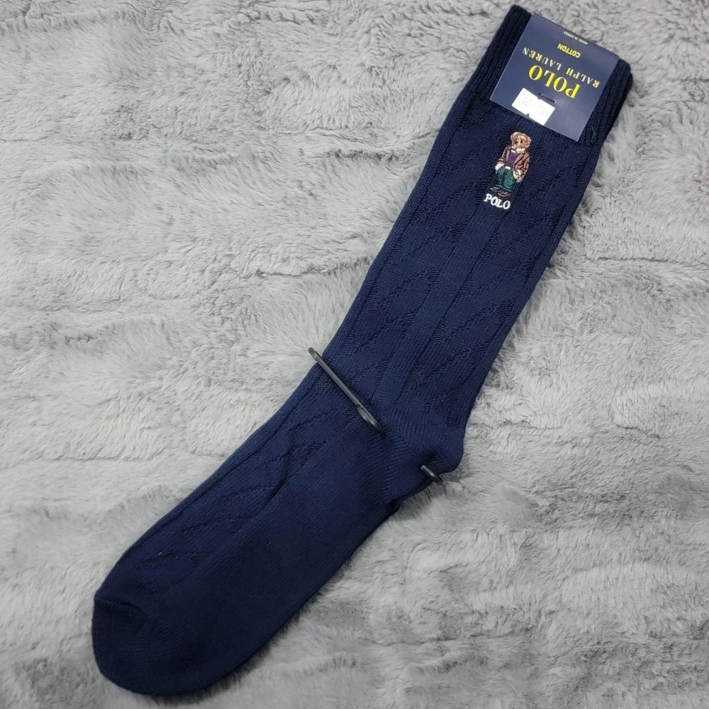 Polo Ralph Lauren Socks Mens 10-13 Navy Cable Knit Polo Bear Dress Mid Calf